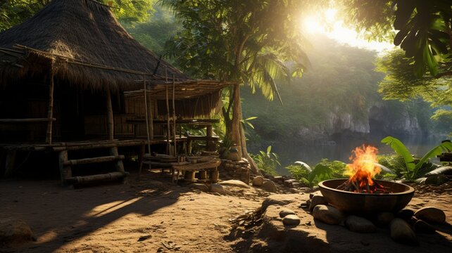 An enchanting bamboo hut in a jungle clearing, with sunlight streaming through the leaves to illuminate its rustic charm -Generative Ai
