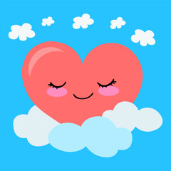Cute kawaii heart on the clouds. Vector illustration.