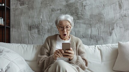 Old grandmother experiences emotions of shock, looks at the phone screen, online fraud. Money was stolen from a bank account, cyber fraud. Not secure internet
