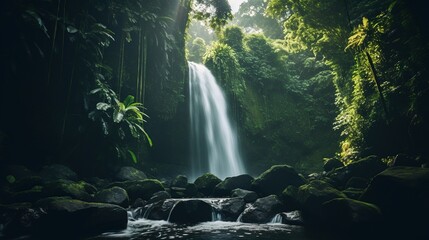 background view of a waterfall in the middle of the forest. background natural view - obrazy, fototapety, plakaty