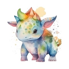 painted watercolor cute baby triceratops dinosaur, child - friendly illustration, isolated in white...