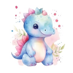 cute baby dinosaur, pink and blue, watercolor, white background