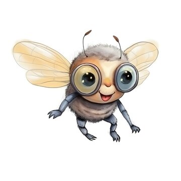 happy cute baby fly in watercolor,realistic,some botanicals detail, full body, white solid background