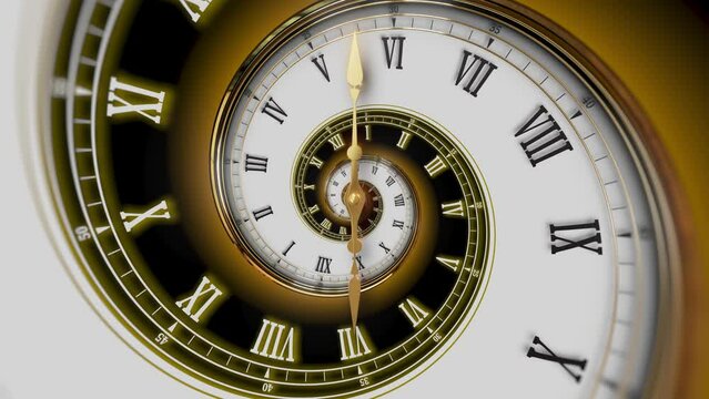 Abstract modern white spiral clock dial with roman numerals. Concept of Infinite time, deadline, scheduling, time and space, past, present and future.