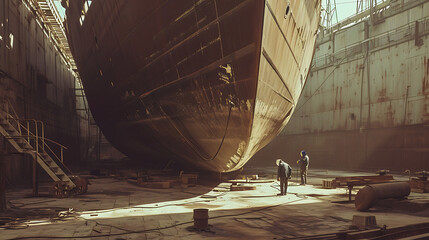 Soldadores trabalhando na construcao de um navio em um estaleiro ilustrando a habilidade e a industria pesada envolvida na construcao naval - obrazy, fototapety, plakaty