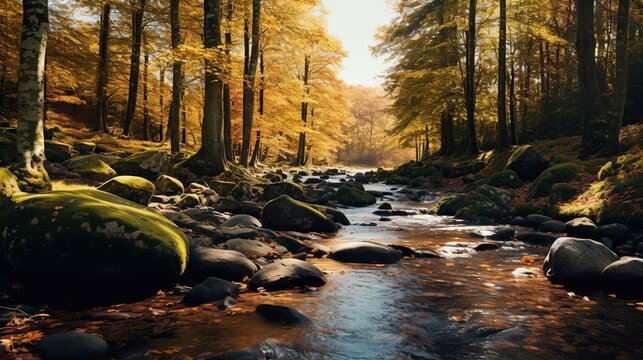 The river flows in the middle of the forest in autumn