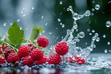 fresh berries splashing under drops of water. raspberries