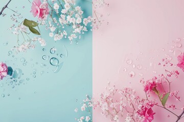 pink and light blue background with flowers and drops of water, summer background.