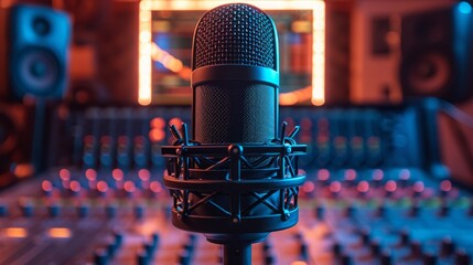 A professional studio microphone with a shock mount set against a mixer and speakers, suitable for podcast or radio and illuminated by ambient neon lights - obrazy, fototapety, plakaty