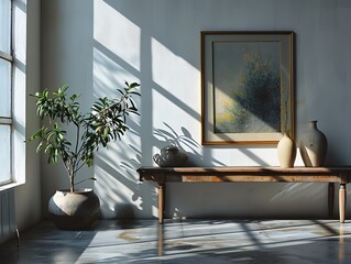 a framed artwork hanging on a wall in an interior setting, with a wooden table and a potted plant nearby. - obrazy, fototapety, plakaty