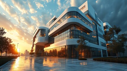 a modern, multi-story building with a unique and sleek design, characterized by its white facade and curved structures, surrounded by trees and has large glass windows. - obrazy, fototapety, plakaty