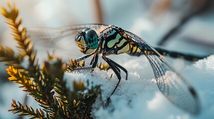 a close-up view of a dragonfly resting on a plant amidst the snow.