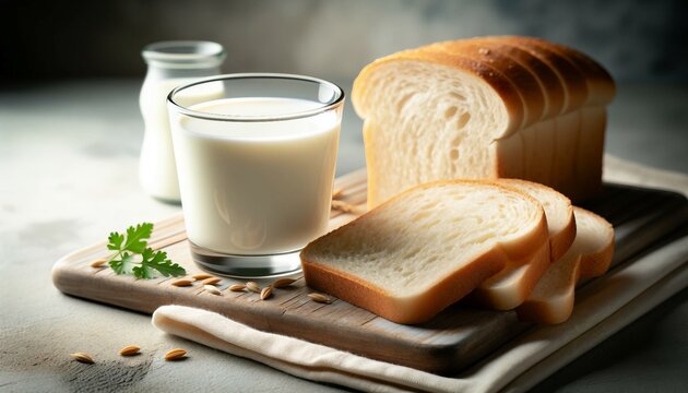 Glass of milk and sliced bread on wooden board on grey background, closeup