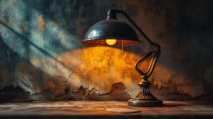 a vintage desk lamp casting a warm yellowish light that contrasts the dark, textured surroundings, creating a moody atmosphere.