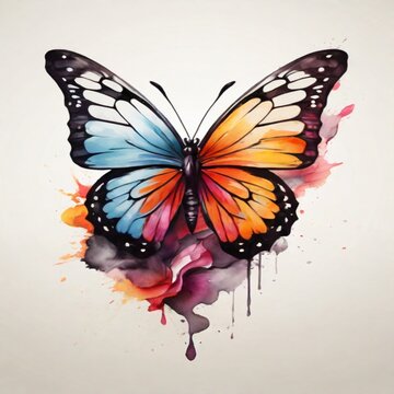 Witness an impressive watercolor logo featuring a powerful butterfly face in vibrant colors. The design stands out against a monochrome background, creating a visually striking impact