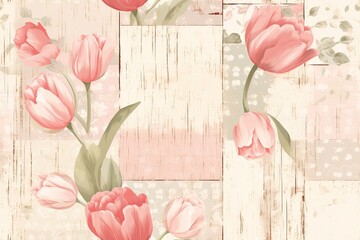 Cute shabby chic patchwork seamless, Tulip, vintage Rustic style background.