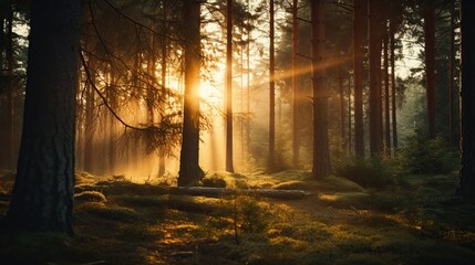 In the morning in the forest, sunlight penetrates the tree trunks - obrazy, fototapety, plakaty