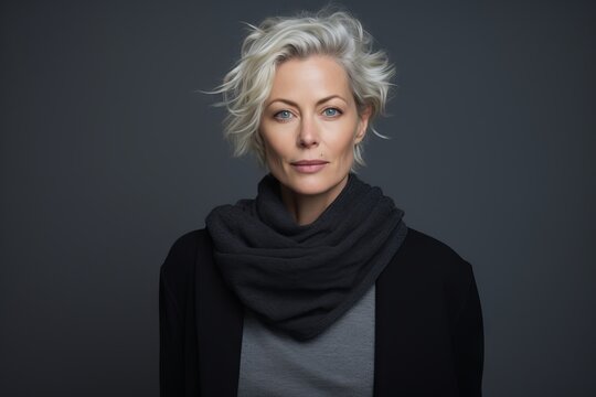 Portrait Of A Beautiful Middle Aged Woman With Short Blond Hair Wearing A Black Scarf.