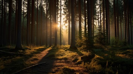 In the morning in the forest, sunlight penetrates the tree trunks