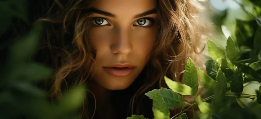 Foto op Aluminium Beautiful young woman's face with natural makeup and green eye behind green leaves while looking at the camera © Mas