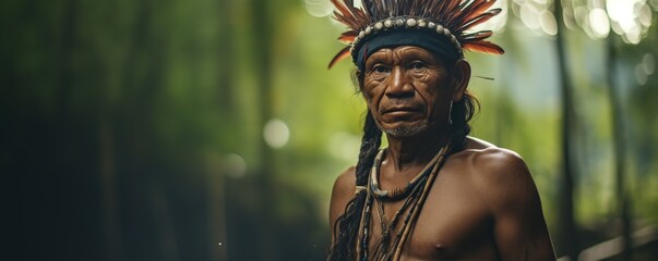 man holding a spear in the forest - obrazy, fototapety, plakaty