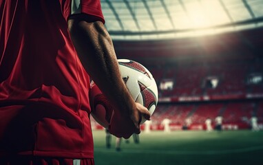 View back a soccer football player in red team concept, holding soccer ball in the stadium