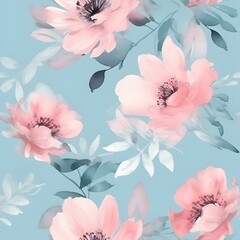 wattercolour pink flower on sky blue background, seamless pattern