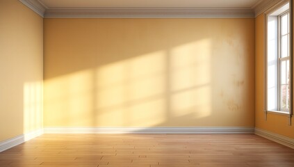 An empty room with cream colored walls with a light beam effect from the window. generative AI