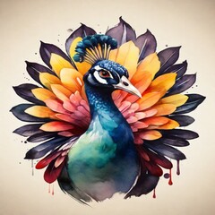 Experience the excellence of a watercolor logo showcasing a powerful peacock face in vibrant colors. The design pops against a monochrome background, delivering a visually impactful result