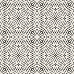 Vector geometric seamless pattern. Abstract black and white folk texture with ornamental grid, lattice, stars, lines, floral shapes. Tribal ethnic motif background. Repeated design for decor, carpet