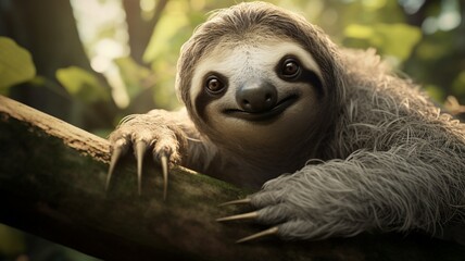 An inquisitive sloth peering down from a high branch, surveying the jungle below  -Generative Ai
