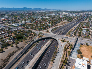 Aerial view of the highway and crossroads intersections in Phoenix, USA. Top up aerial drone view...