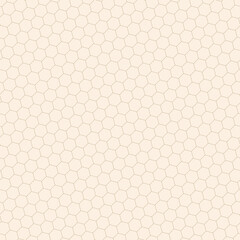 Vector seamless abstract geometric pattern. Subtle minimalist background with golden hexagon grid, diagonal linear lattice, honeycomb mesh. Simple minimal gold and beige texture. Repeat luxury design