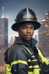 Obraz premium Fireman portrait with city view at background