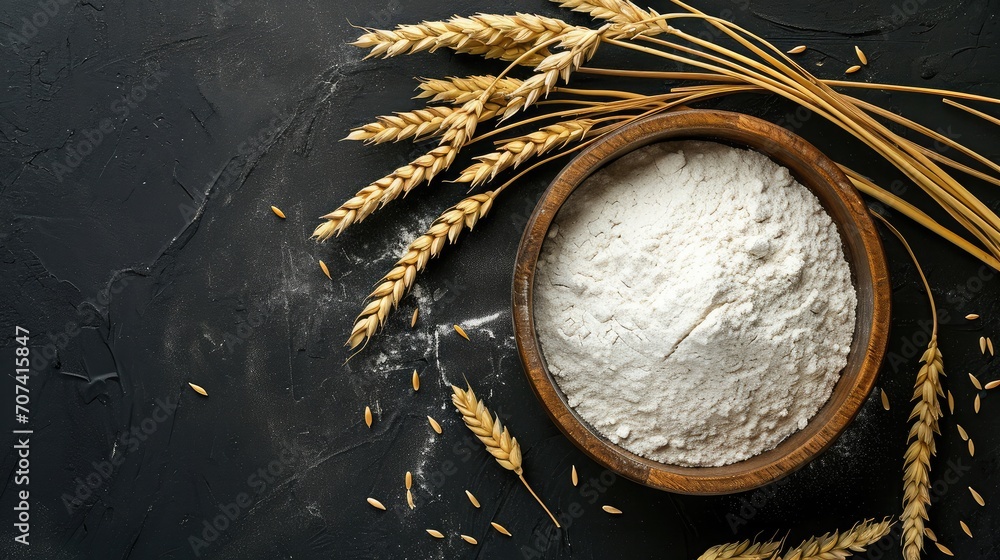 Wall mural wheat flour in a wooden bowl with wheat ears on the table, black background. top view