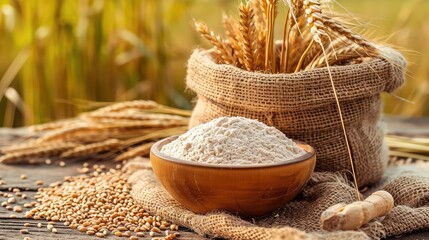 wheat flour in bowl and grains in burlap bag on table with ripe cereal field on the background