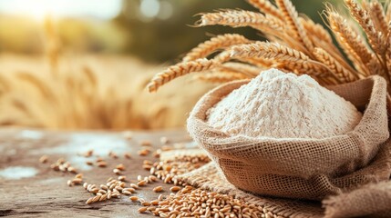 wheat flour in bowl and grains in burlap bag on table with ripe cereal field on the background