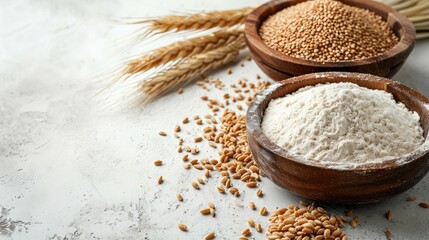 Wheat grains , brown wheat flour and white wheat flour in wooden bowl set up on white concrete background. - obrazy, fototapety, plakaty