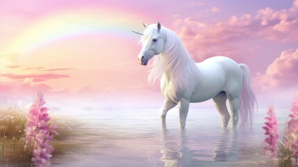 Obraz na płótnie Canvas Surreal scene of a unicorn amidst pink flowers under a soft, pastel sunset