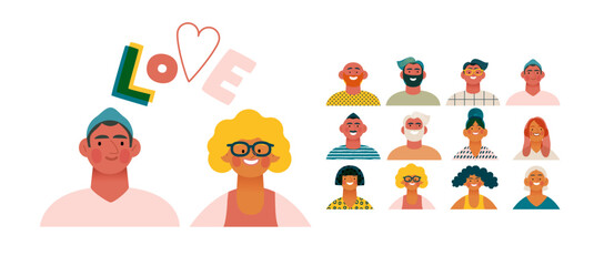 Valentine: Spectrum of Love - modern flat vector concept illustration of a vibrant array of individual portraits celebrating love's diverse expressions. Metaphor for the universal language of love - obrazy, fototapety, plakaty