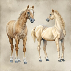 An illustrated character sheet for palomino horses.  - obrazy, fototapety, plakaty