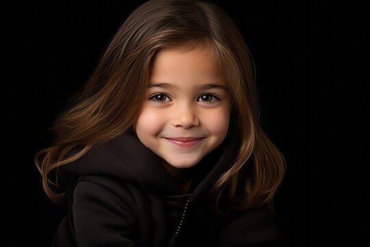 portrait of a beautiful little girl in a black coat on a black background