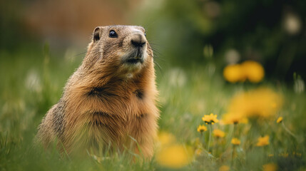 Groundhog on Overcast Day Among Yellow Flowers with Copy Space