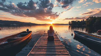 Beautiful lake sunrise sunset with a young woman sitting on the end of a dock, with a boats. on either side. Colorful tranquil vacation scene with concepts of peacefulness and beauty, Generative ai
