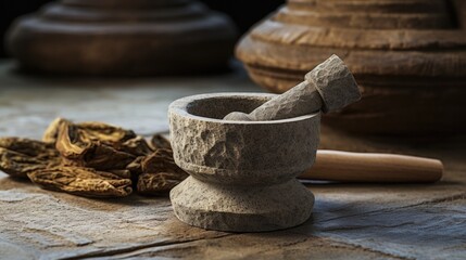 Fototapeta na wymiar well-crafted mortar and pestle set, highlighting its solid stone construction generative ai