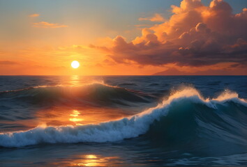 Beautiful sea waves in sunset