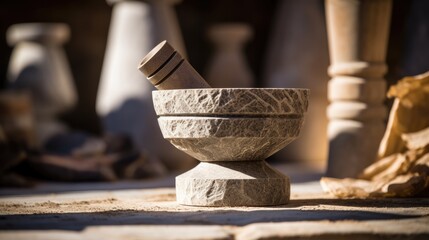 well-crafted mortar and pestle set, highlighting its solid stone construction generative ai