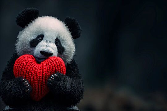 A red knitted heart in the paws of a little panda bear copy space 2