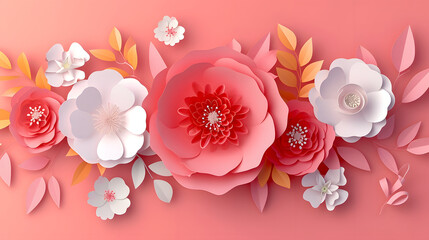 A colorful display of paper flowers in rose, orange and white hues a serene rosebackdrop