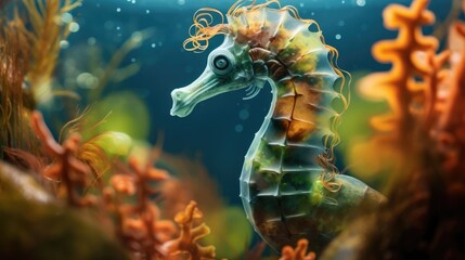 Fototapeta na wymiar colorful seahorse camouflaged among swaying seagrass generative ai